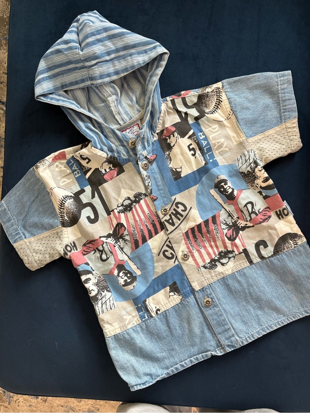 Vintage Kids' Blue Hooded Baseball Print hooded shirt 4t